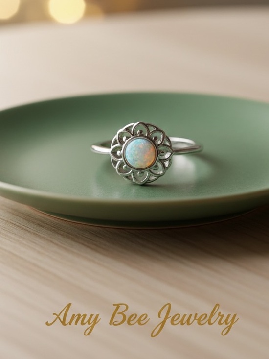 Amy Bee Jewelry Jewelry - White Gold Plated Floral Halo Ring with Opal Center. New.